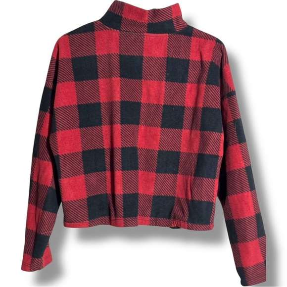 Hippie Rose Red/Black Flannel Checkered Quarter Zip Long Sleeve Cropped Fleece - Picture 15 of 15